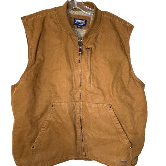 Smith's Workwear Duck Vest Mens -XL-Camel Sherpa Lined Canvas Pockets Full Zip - Picture 1 of 4